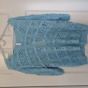 Dokotoo Off-the-Shoulder 3/4 Sleeve Crochet Hollow Out Blue Sweater 1X New